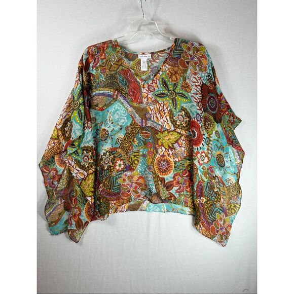 Susan Graver Boho Fall Floral Patchwork Top L Sheer Tunic Caftan Blouse - Picture 1 of 9